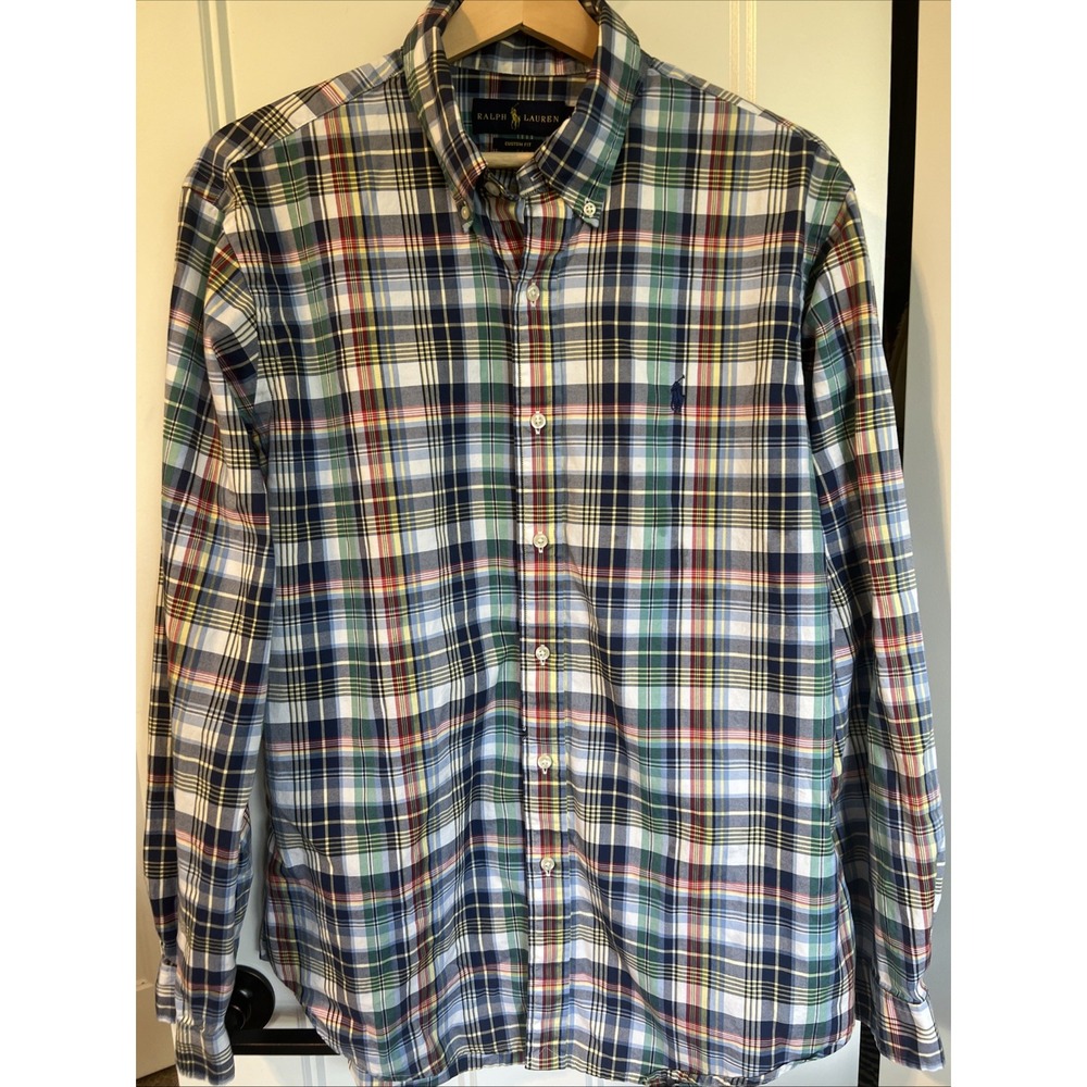 POLO RALPH LAUREN BUTTON UP SHIRT Men's Large BLUE YELLOW CHECK Plaid CLASSIC